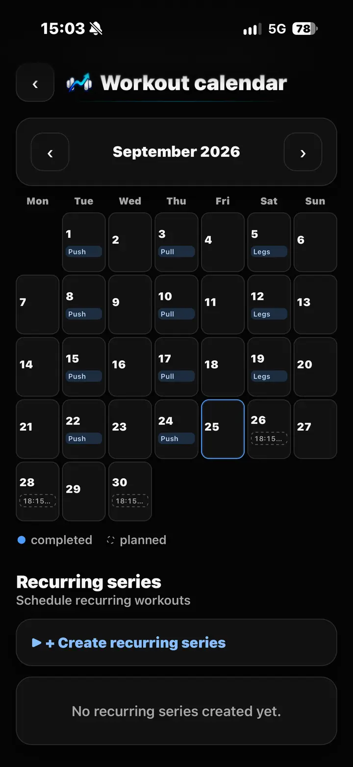 SetTrace workout calendar