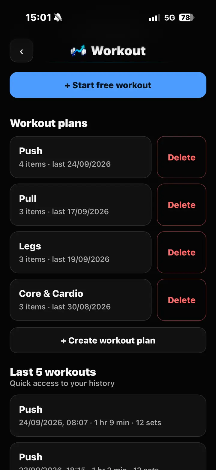 Workout plans in SetTrace
